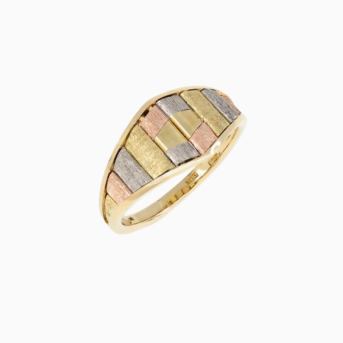 Retro Tri-Color Mosaic Inlay Ring, 14k Gold